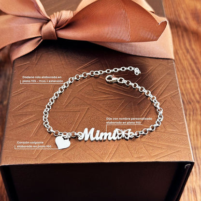 PULSERA NOMBRE MARIPOSA Y CORAZON